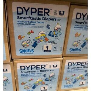DYPER Smurftastic Diapers. 76 unisex diapers of size 1, OLSHB